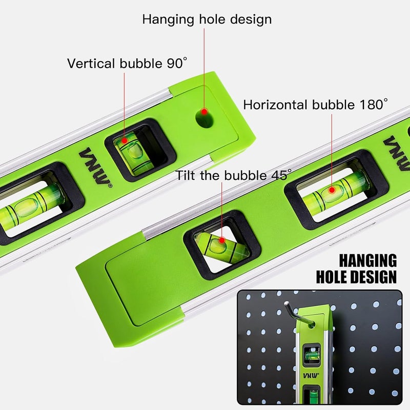 VNW 9 Inch Torpedo Level, Magnetic Bubble Level with 45°/90°/180° Bubble Vials, Shock Resistant Leveler Tool for Measuring (4) - Image 2
